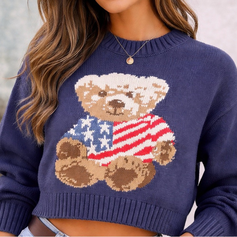 Grayson Threads Navy Teddy Bear Flag Crewneck Sweater